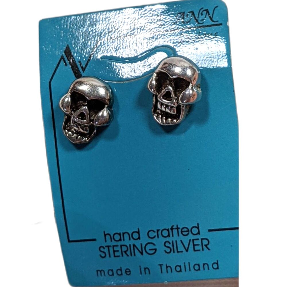 Sterling Skull Stud Earrings 925 Silver Biker Piratecore Goth Emo Skater NEW